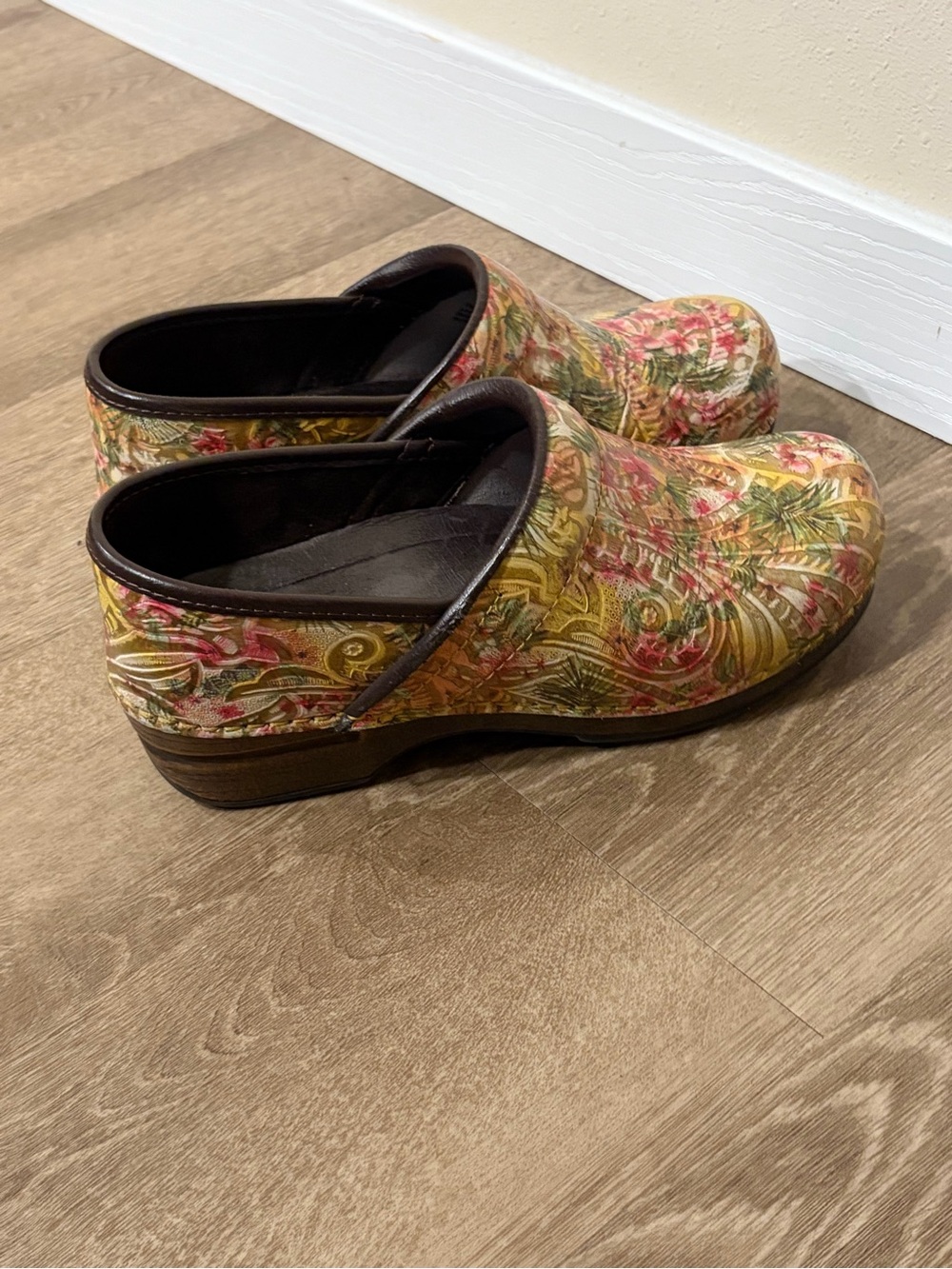 Dansko Floral Print Slip-On Clogs in Yellow and Pink I Size 39 U.S 8.5/9